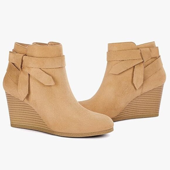 Womens Wedge Booties Fall Ankle Boots Tie Knot Stacked Heeled Side Zipper-Brown - Picture 1 of 5